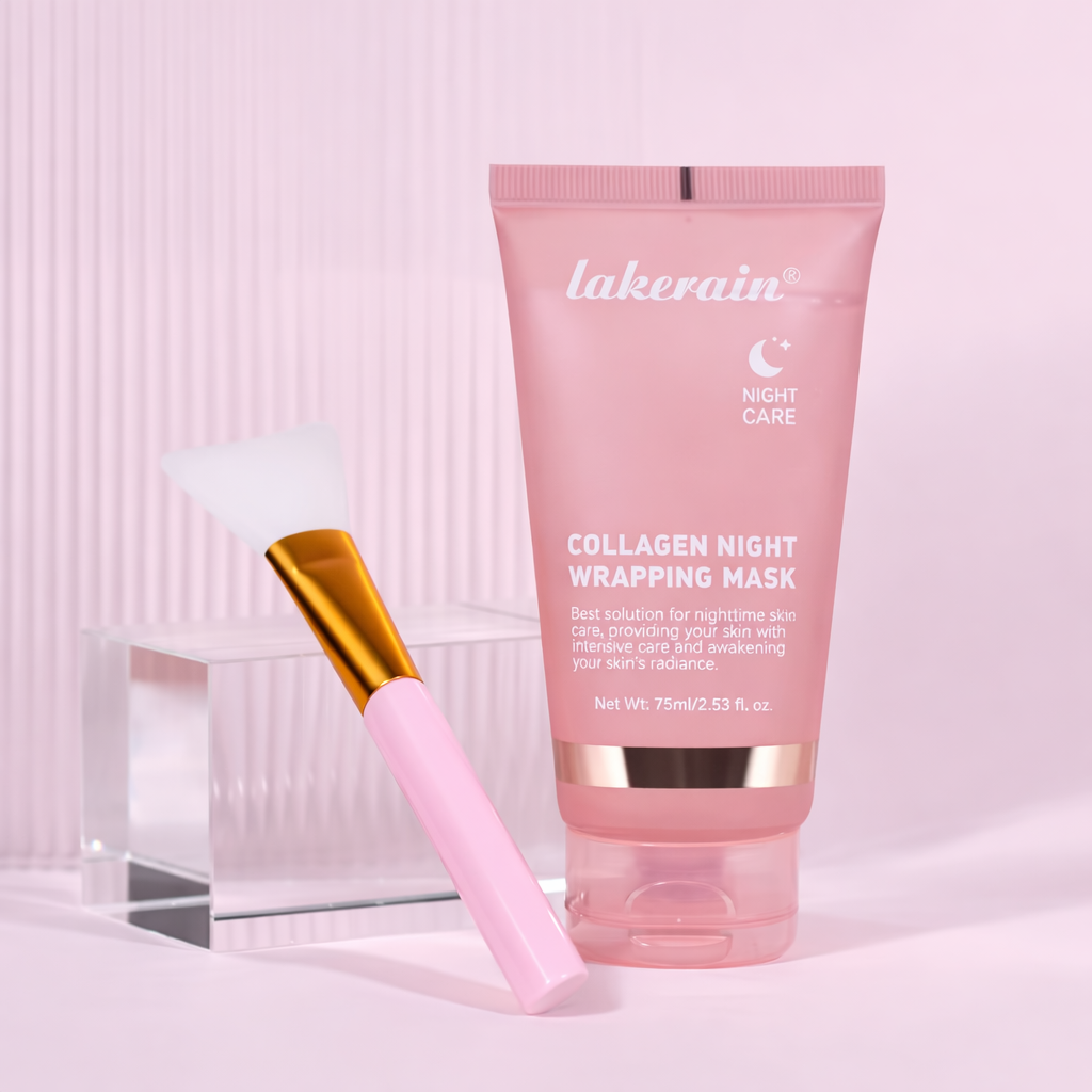 SealGlow Collagen Night Wrapping Mask with silicone applicator brush on pink background