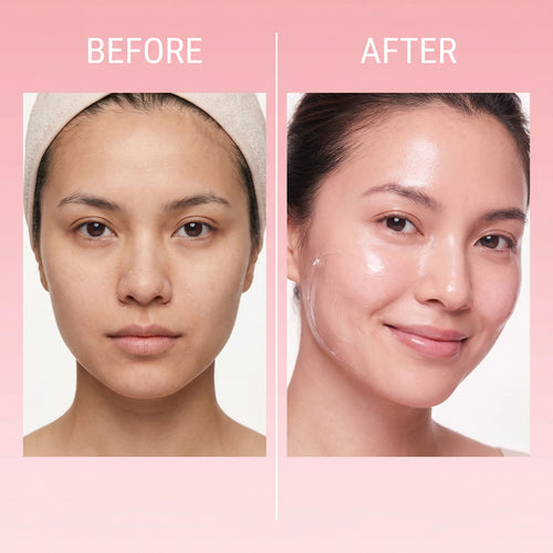 Before and after comparison of a woman's face with skincare product application on a pink background.