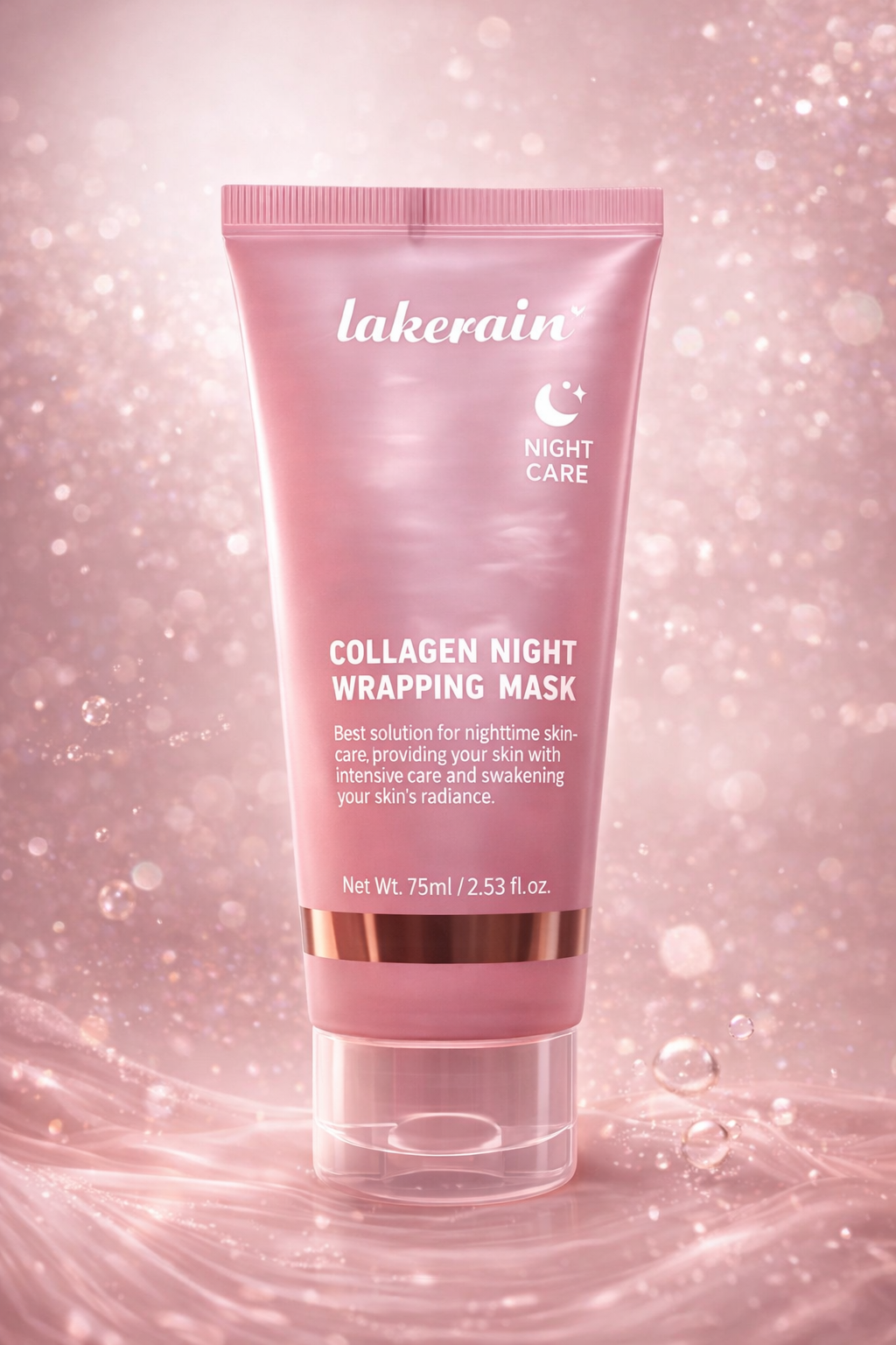 SealGlow Collagen Night Wrapping Mask on a sparkling pink background – premium overnight skincare